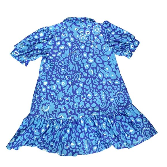 Jude Connally Tierney Dress Womens M Whimsical Cheetah Ruffle Hem Purple Blue - Picture 2 of 6